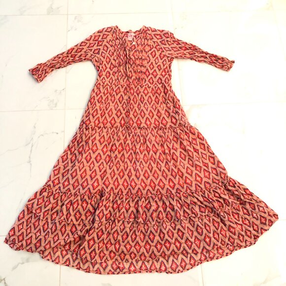 BANJANAN Women’s Tiered Dress Size M Midi Maxi Orange White Bohemian Designer - Picture 7 of 16